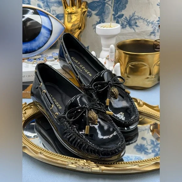 🆕 KURT GEIGER LONDON 🧿 NWOB Eagle Moccasins, Black Patent - Sz EU37 US 7